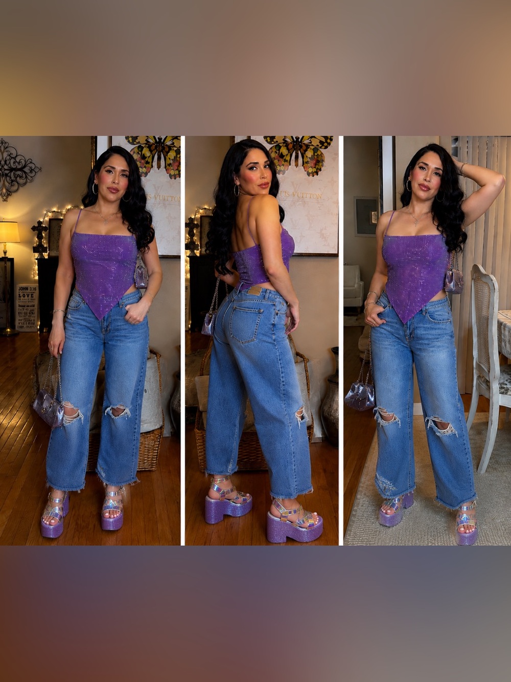 🧚‍♂️Y2K Lavender Rhinestone Asymmetrical Festival Handerchief Top Fairy Festival - Picture 2 of 10